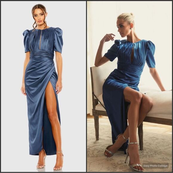 Mac Duggal 27014 PUFF SLEEVE PLEATED BODICE DRAPED GOWN 8 Runs Small - Picture 1 of 16